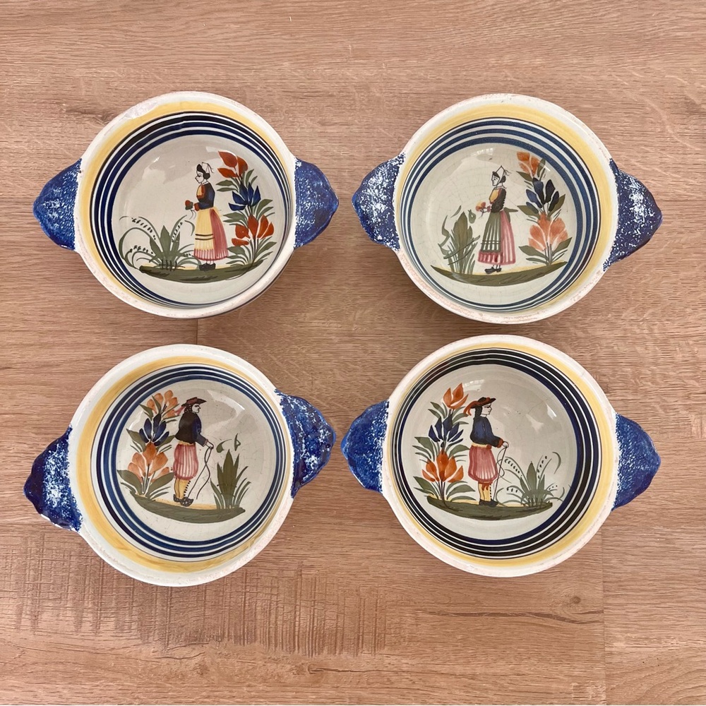 4 PCs Henriot Quimper French Pottery Lugged Bowls -Breton Woman, Man. 1940’s Vtg